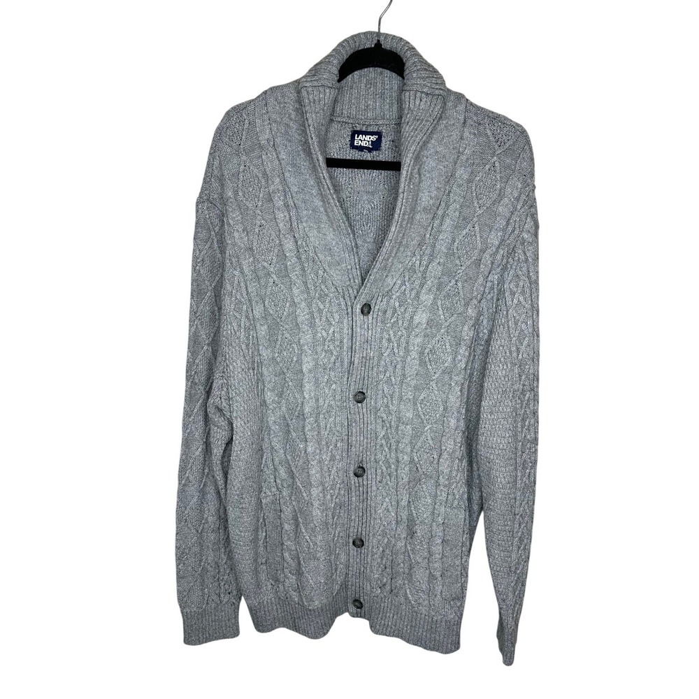 Lands' End Cable Knit Shawl Collar Cardigan Sweater Mens XL Gray Wool Blend Warm